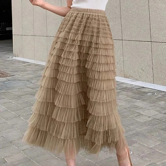 Khaki Boho Womens Solid Layer Ruffle Hem Mesh Skirt - Picture 1 of 5